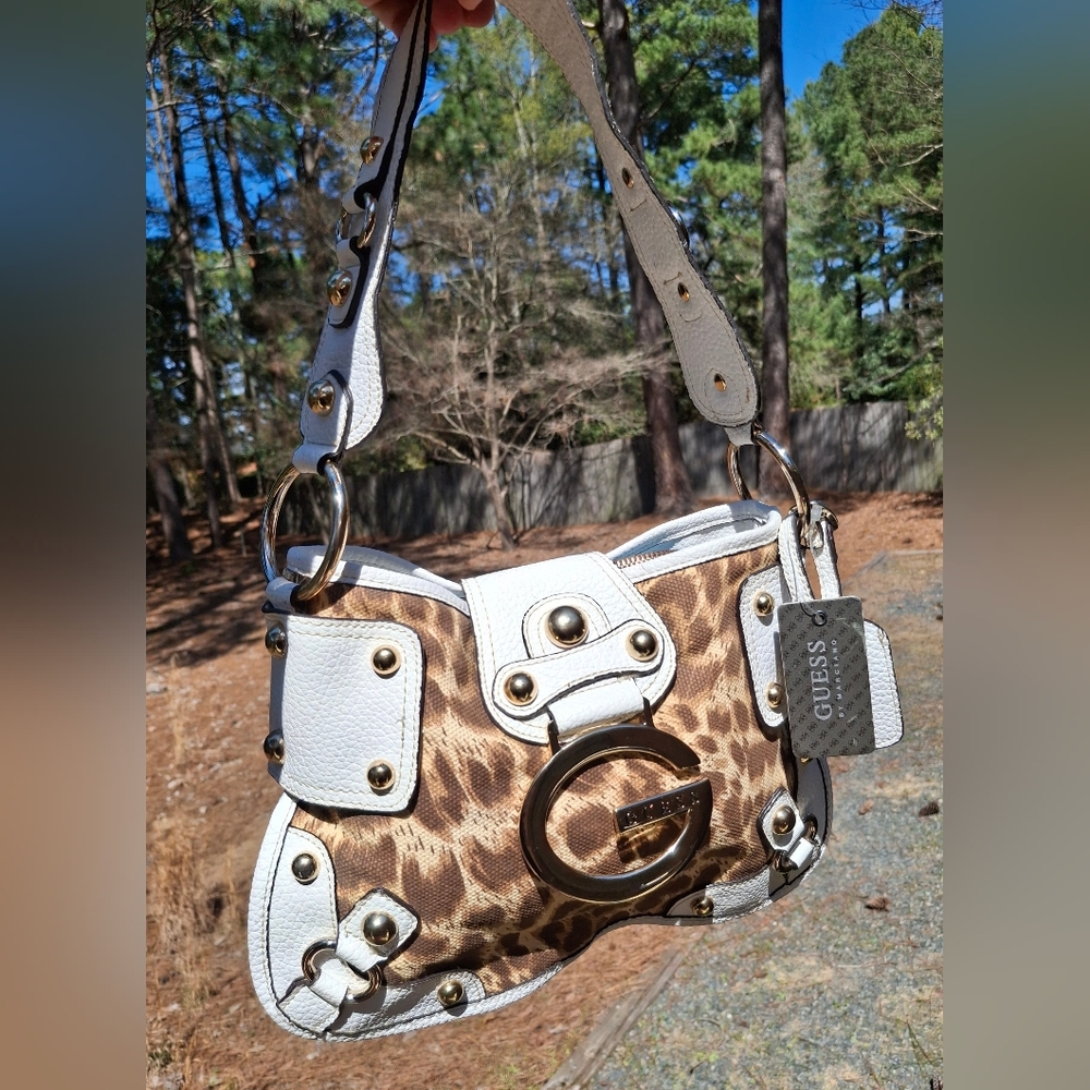 Rare New Vintage Y2K Guess Leopard Print & White Faux Leather Shoulder Bag - Picture 15 of 15